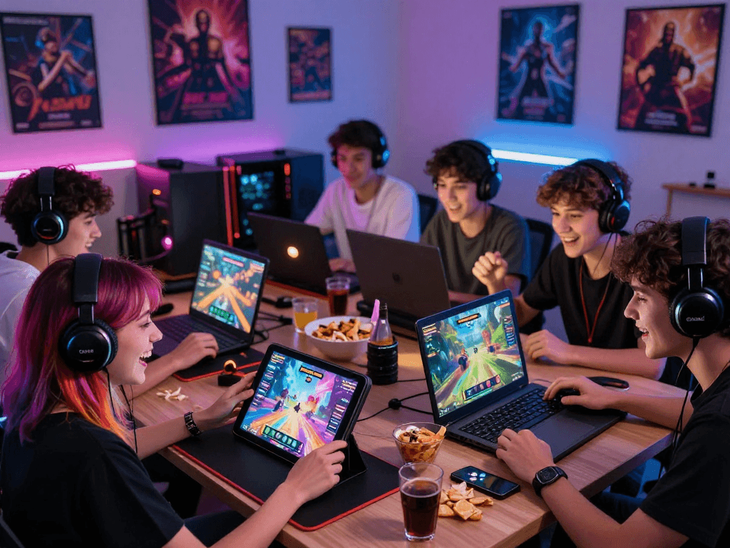Engaged friends playing game porn on various devices in a vibrant gaming room atmosphere.