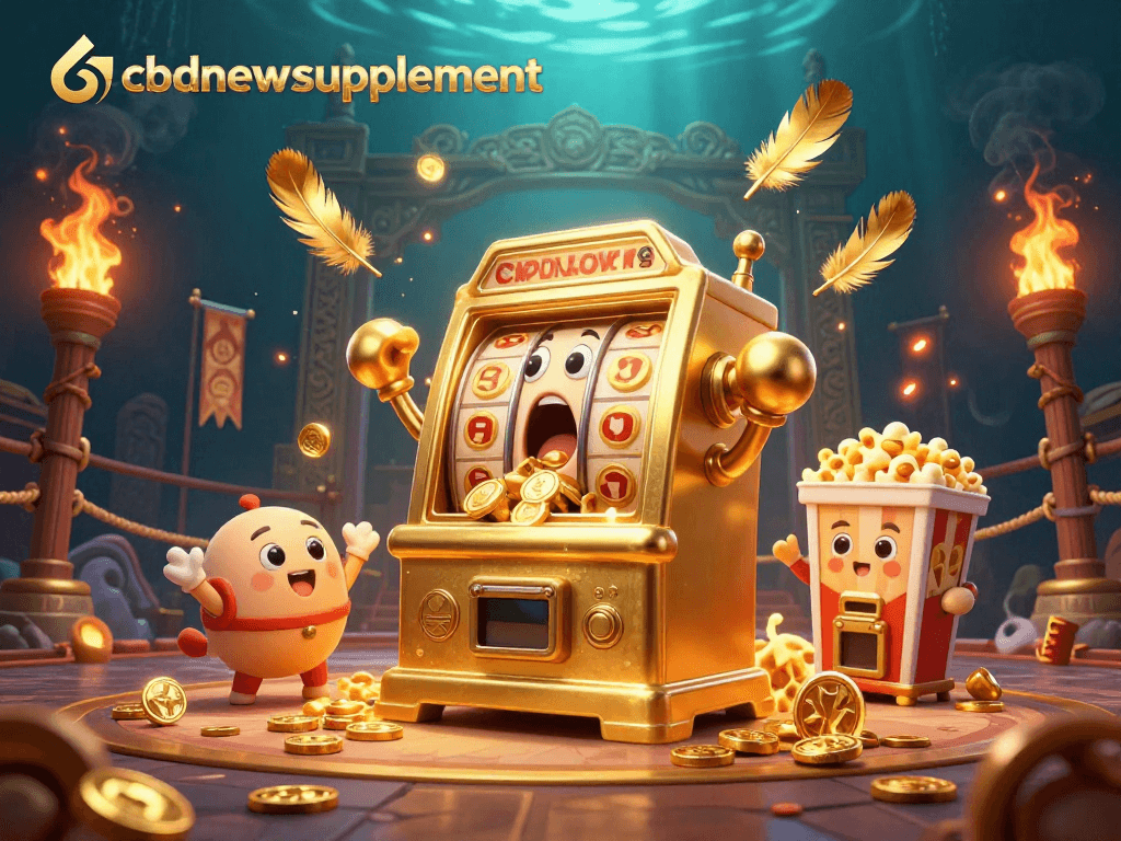 Hit the jackpot with cbdnewssupplement featuring a cartoon golden slot machine and coins pouring out.