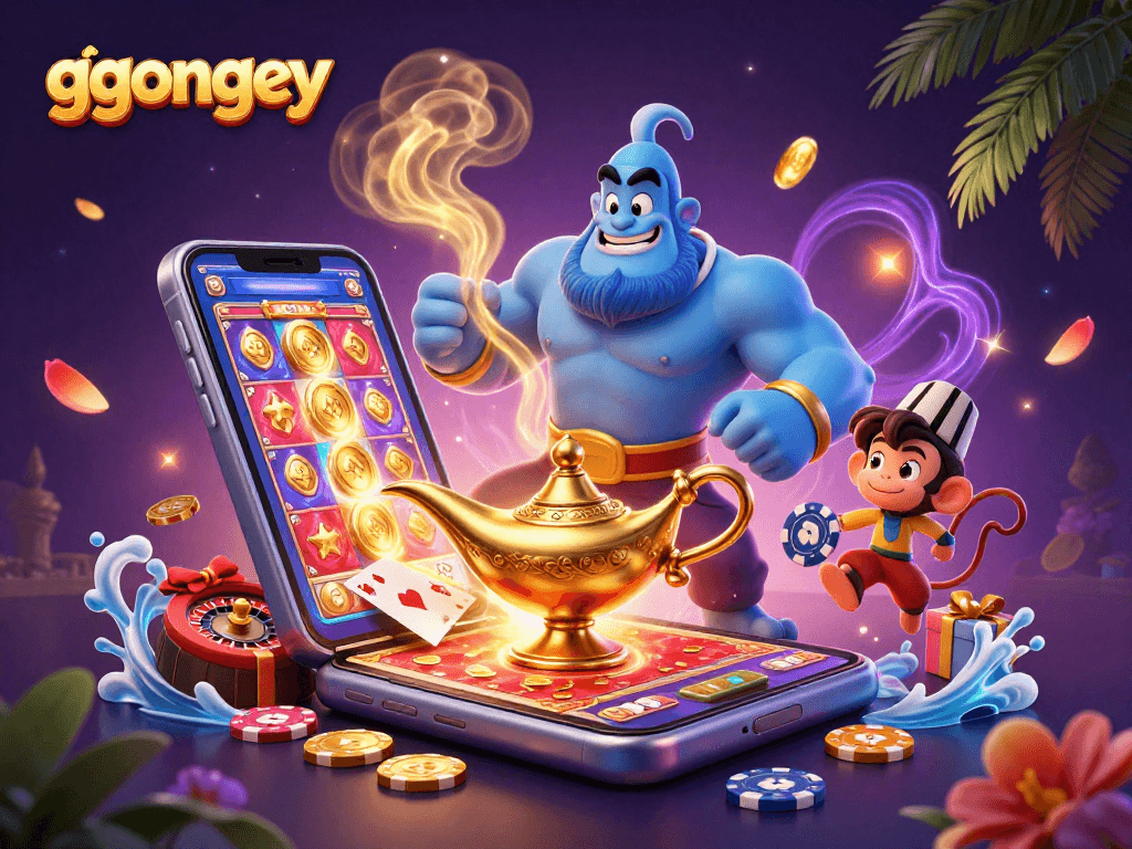 Engage with ggongey’s enchanting casino scene featuring a genie, monkey, and poker chips.