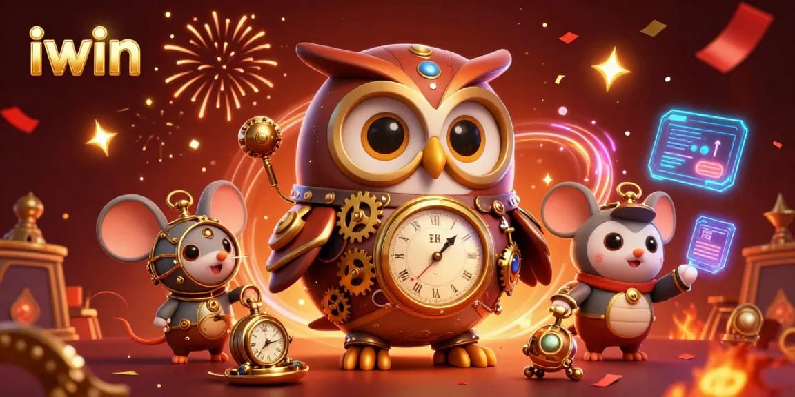 Experience the thrill of iwin with a 3D cartoon owl and mouse in a vibrant casino scene.