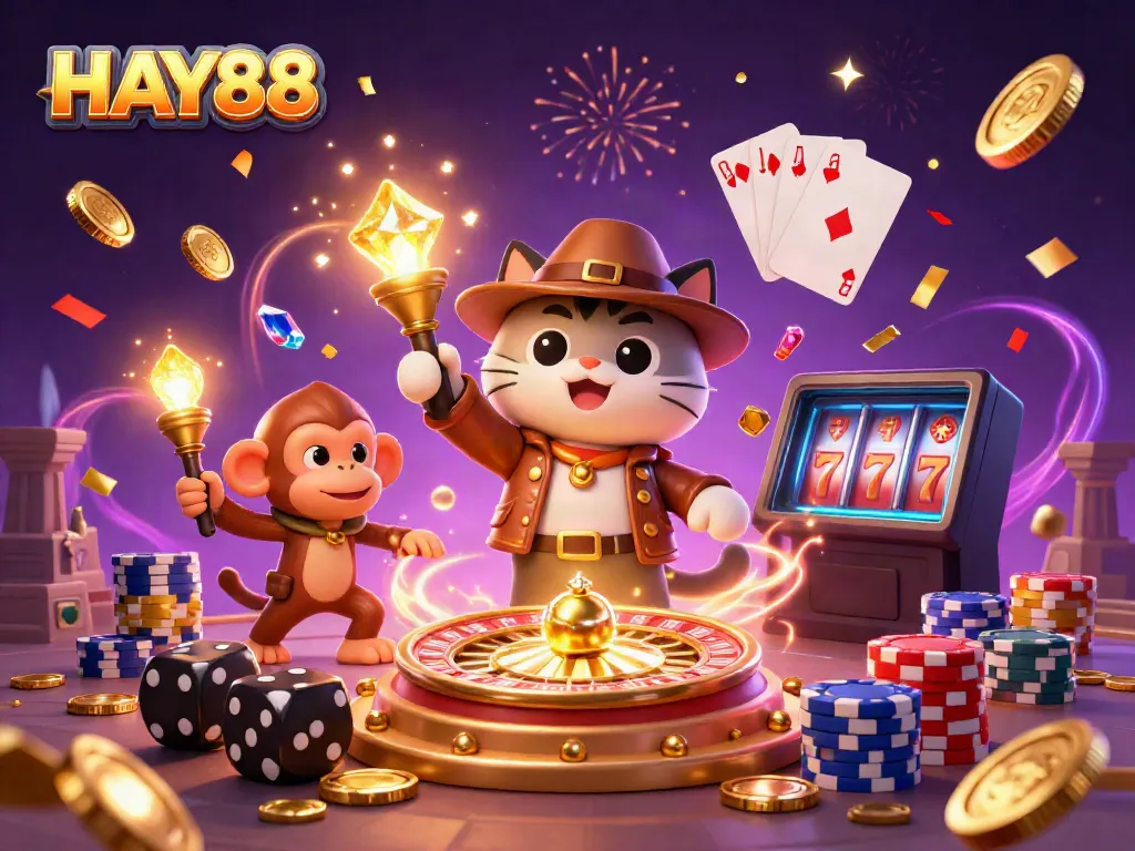 Experience thrilling moments with HAY88 as the explorer cat and monkey companion reveal golden casino treasures.
