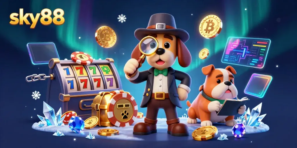 Experience thrilling gameplay with sky88, a vibrant casino world featuring detective characters and glowing coins.