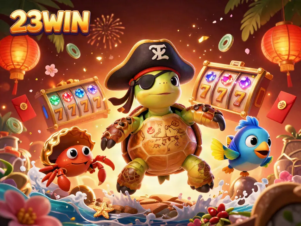 23WIN showcasing engaging game elements like spinning slot reels and vibrant characters in a dynamic casino scene.