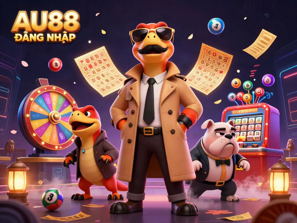 Experience the thrilling scene of AU88 ĐĂNG NHẬP in a vibrant casino atmosphere with animated raptors and dynamic gaming elements.