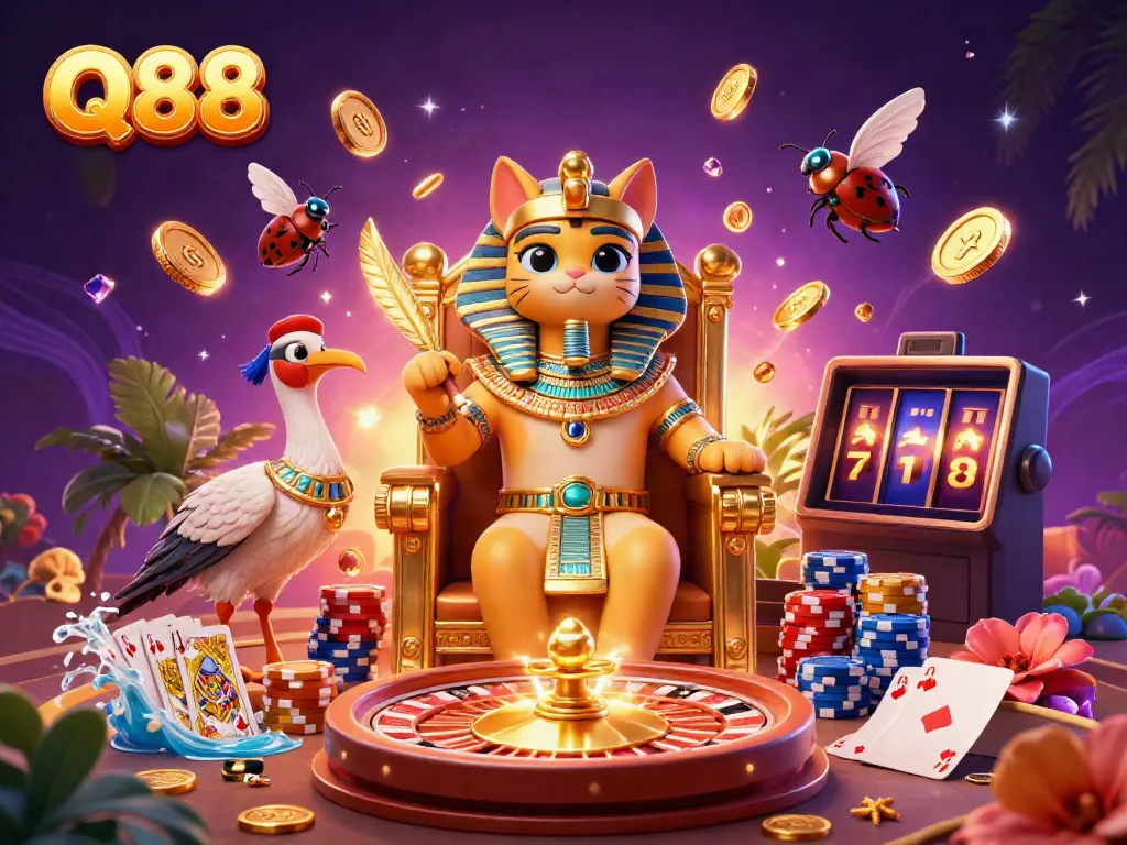 Experience the excitement of Q88 with a vibrant 3D casino scene featuring golden treasures and iconic characters.