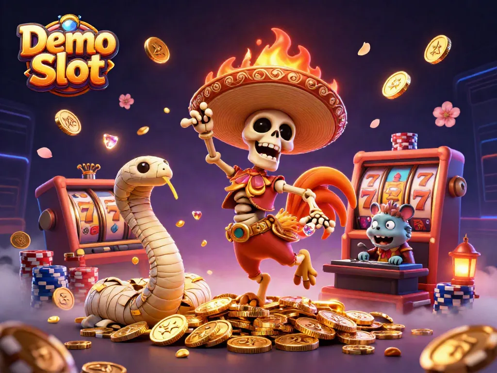 Spin and win with Demo Slot in this vibrant 3D casino scene featuring lively characters and slot reels!