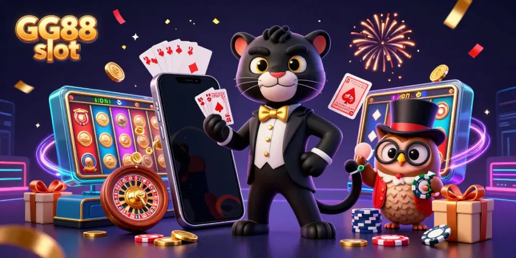 Experience the thrill of GG88 slot with vibrant characters, poker chips, and festive elements!