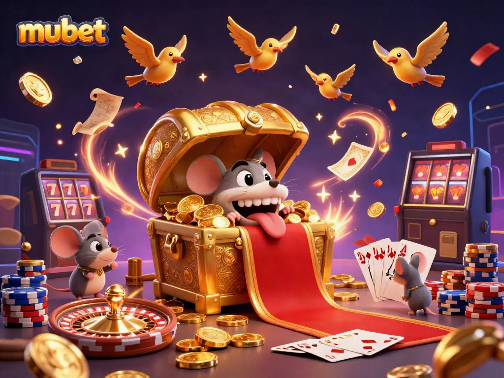 Engage with mubet's exciting casino world through this vibrant 3D illustration featuring treasure and rewards.