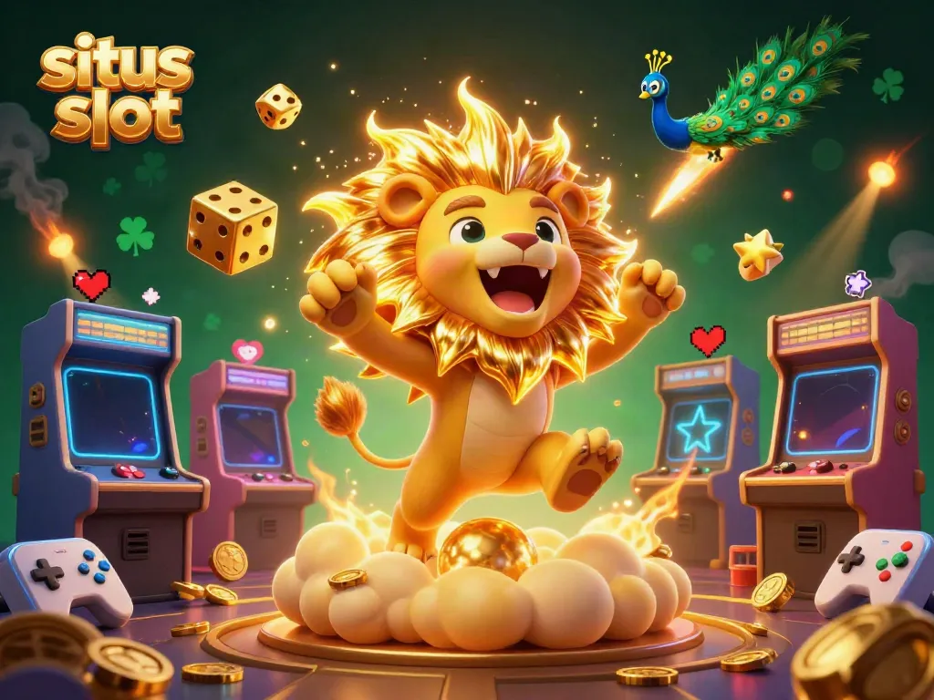 Explore situs slot with a vibrant 3D illustration showcasing a lion, dice, and arcade games.