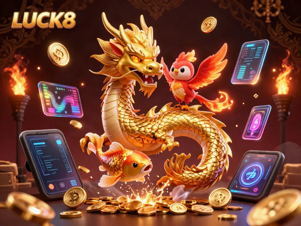 Experience the LUCK8 adventure with a dragon and phoenix amidst a vibrant casino atmosphere.