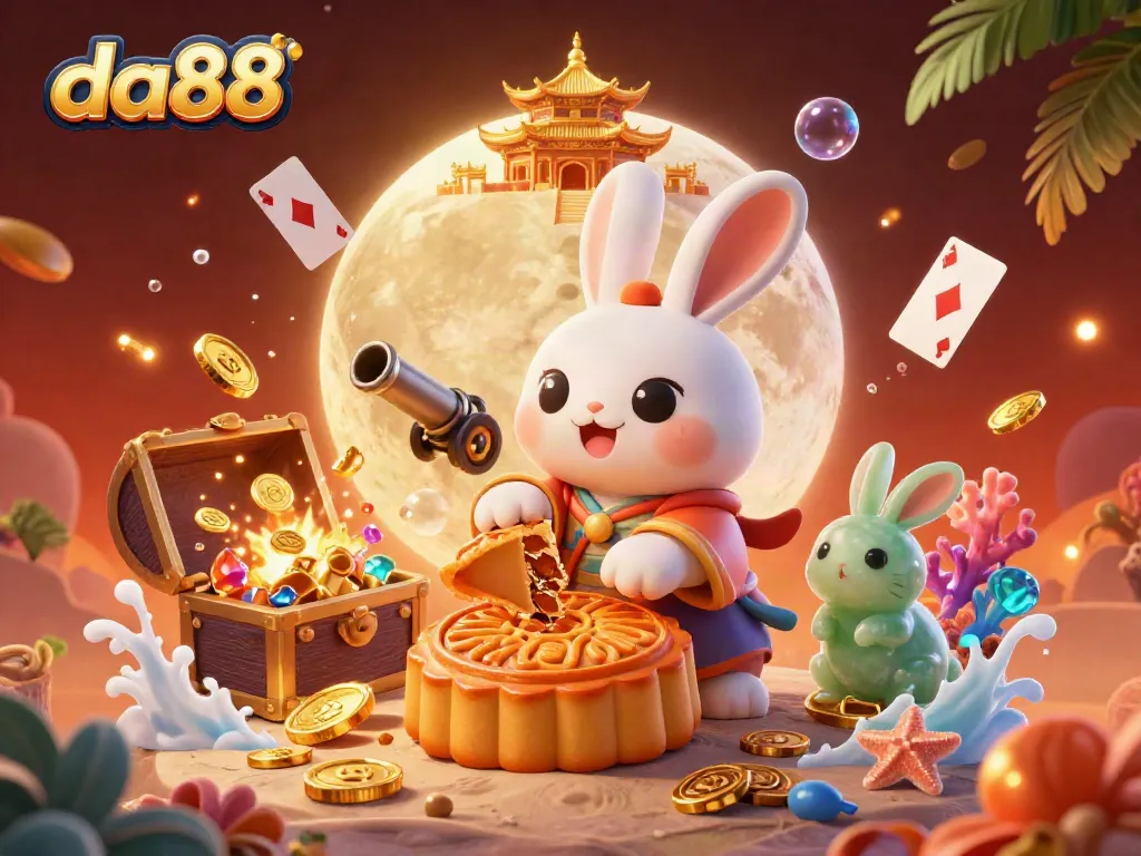 Experience the charm of da88 with a moon rabbit and jade companion amidst casino-themed treasures.