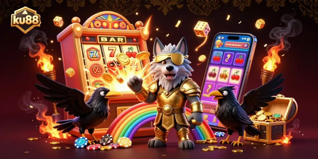Witness the excitement at ku88 with vibrant casino animation and golden winning elements.