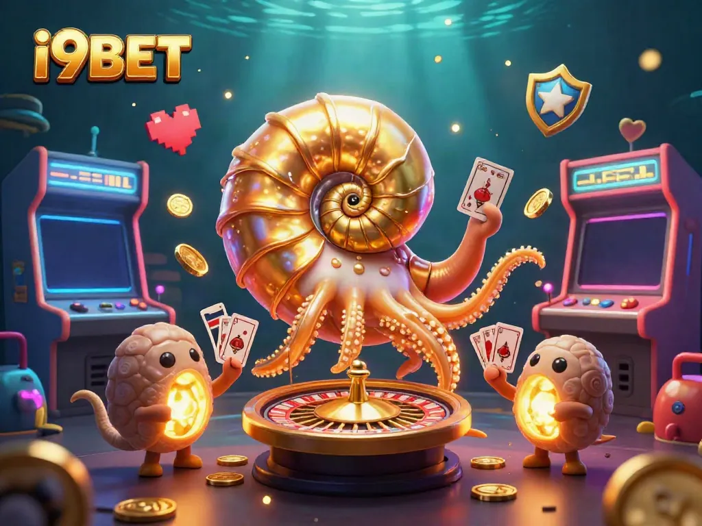 Experience vivid gaming action with i9BET, featuring a giant nautilus roulette wheel and vibrant arcade elements.