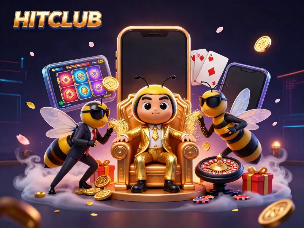 Experience HITCLUB excitement with a dynamic casino illustration featuring playful characters and vibrant gambling elements.