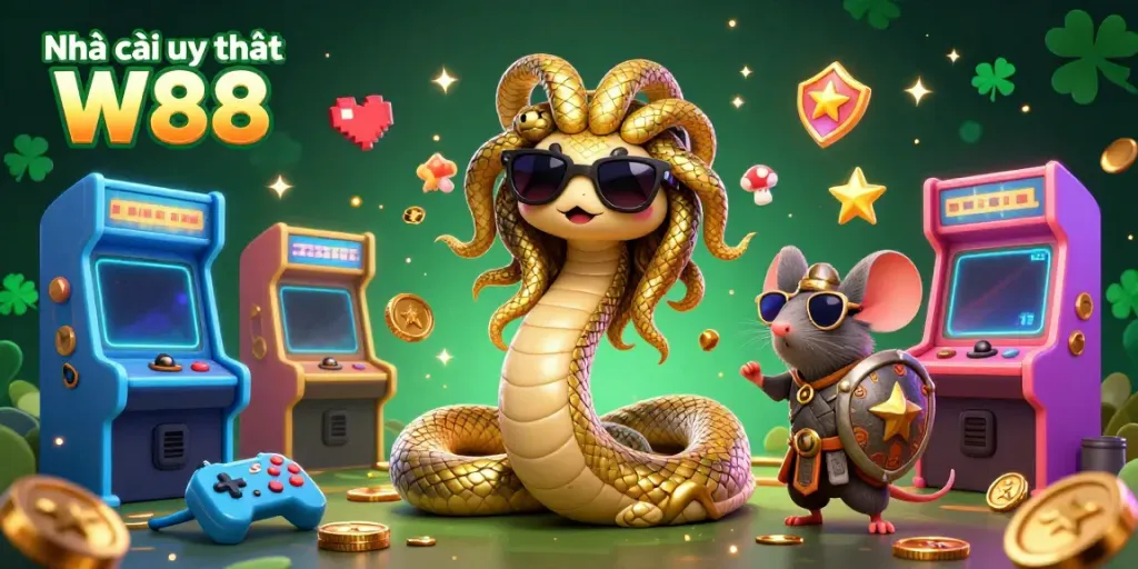 Experience the thrill of gaming at Nhà cái uy tín W88 with cute Medusa and warrior mouse in a vibrant casino setting.