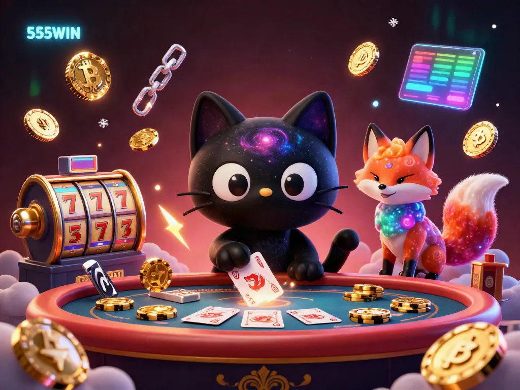 Engaging cosmic casino scene showcasing 555WIN, featuring a black hole cat and a colorful fox, enriched with vibrant gaming elements.