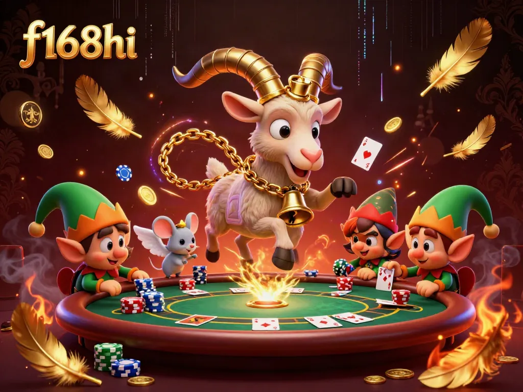 f168hi gaming scene with Krampus and playful characters stealing chips in a vibrant casino setting