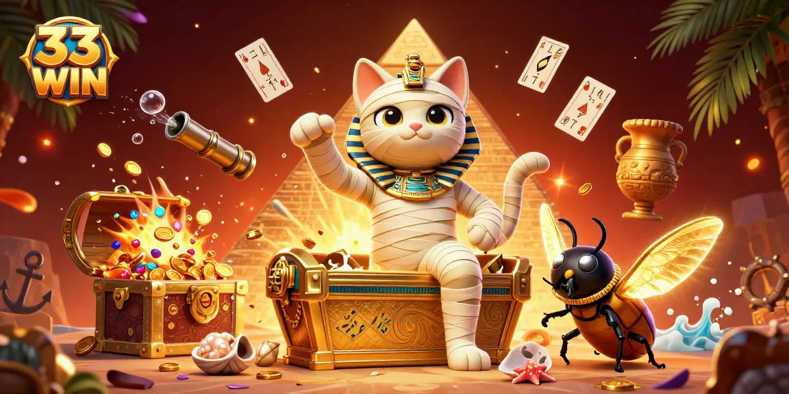 Experience thrilling gameplay at 33 WIN within a dynamic pyramid casino illustration full of vibrant characters and elements.