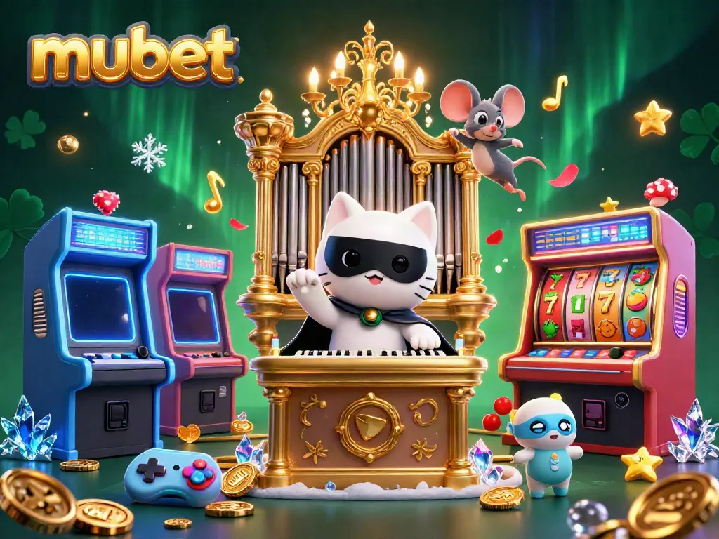 Experience exciting mubet game action with a cartoon cat at a casino organ, vibrant coins, and slot elements.