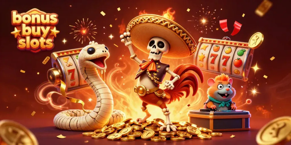 Celebrate with bonus buy slots as a rooster dances on golden coins among vibrant slot game features.