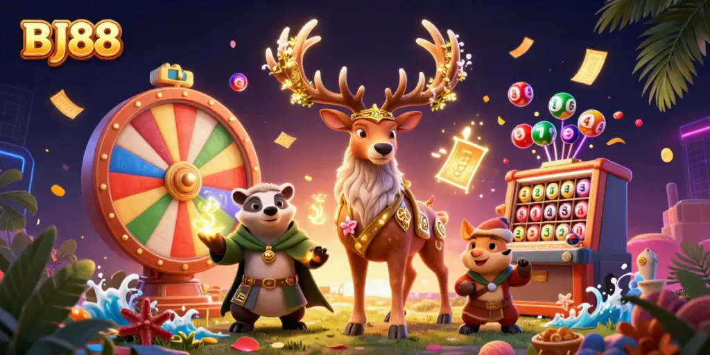 Experience thrilling lottery action with BJ88's vibrant gaming elements and dynamic characters.
