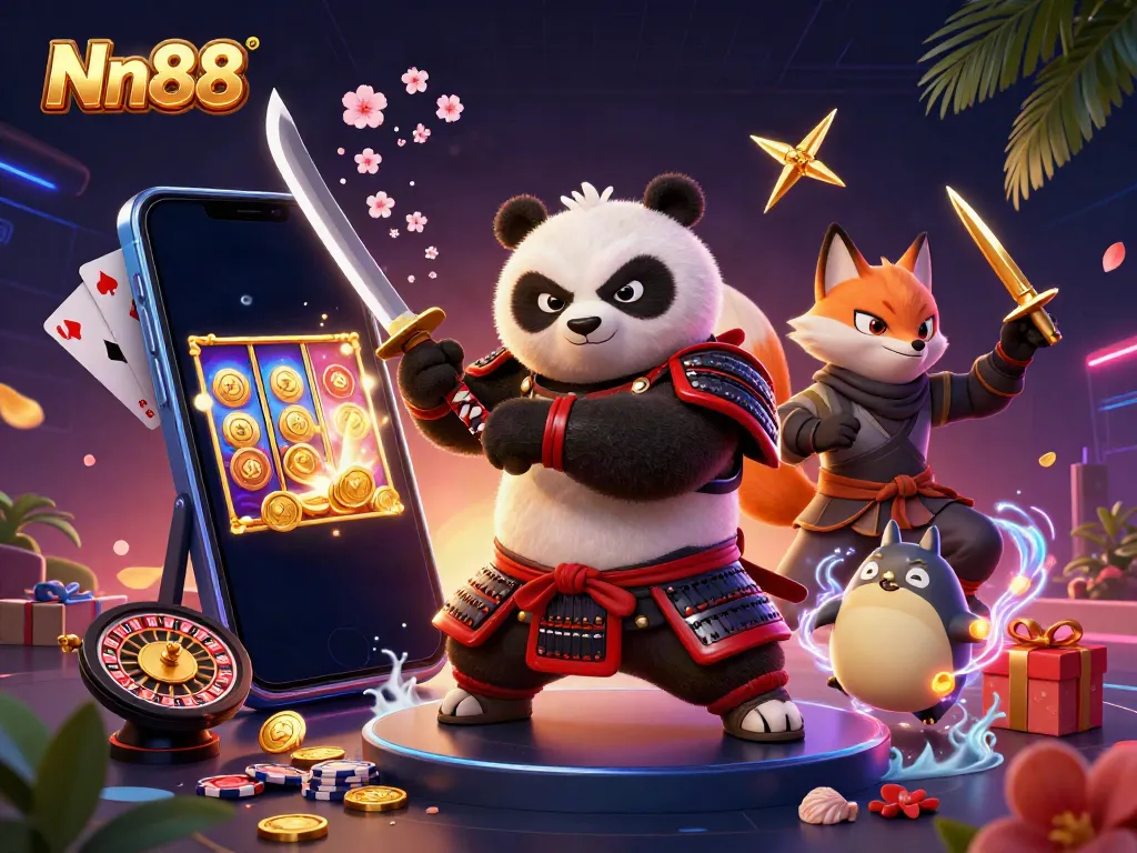 Nn88 attracts players with dynamic 3D casino illustration featuring a samurai panda and a ninja fox.