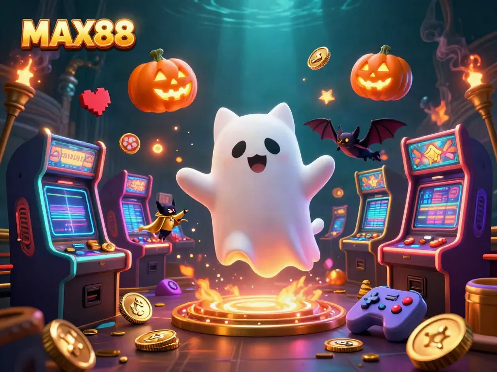 Immerse in MAX88's thrilling environment as the ghost cat and bat explore a haunted casino filled with glowing games.