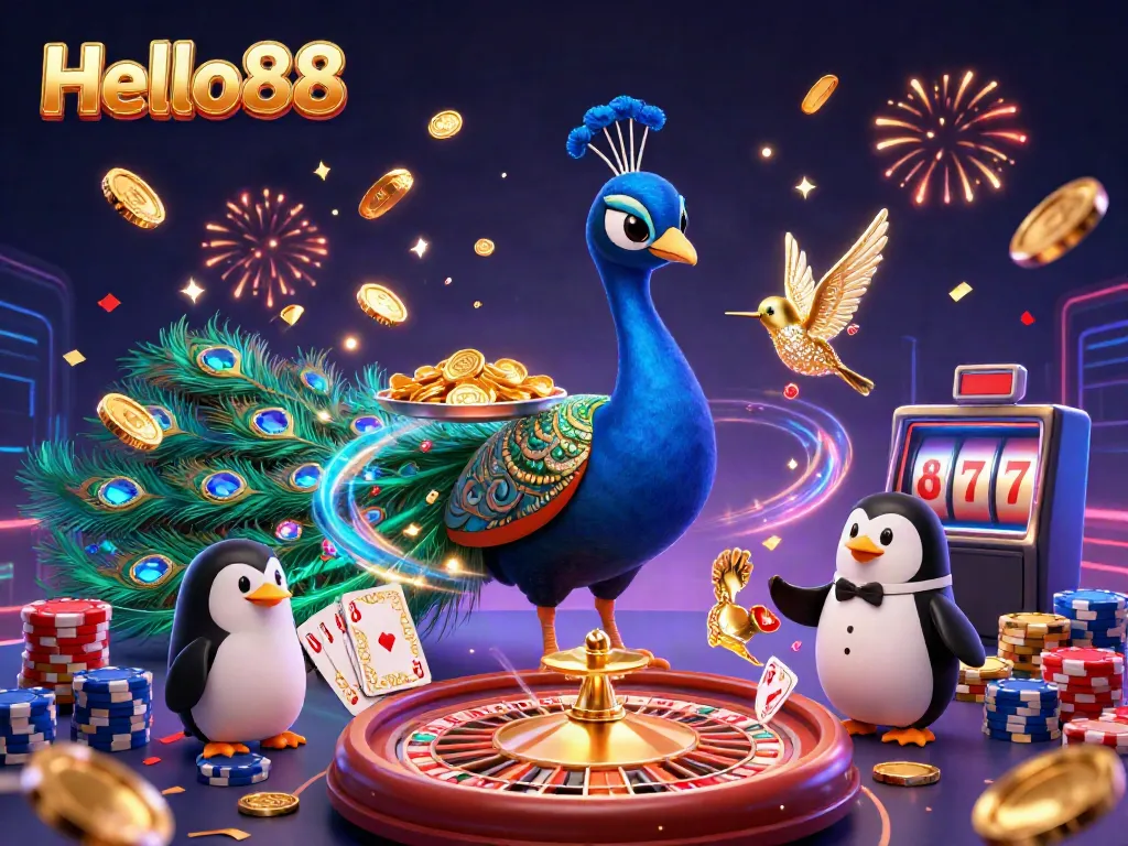 Experience the thrilling allure of Hello88 with a vibrant 3D casino illustration showcasing winning moments with stunning characters.