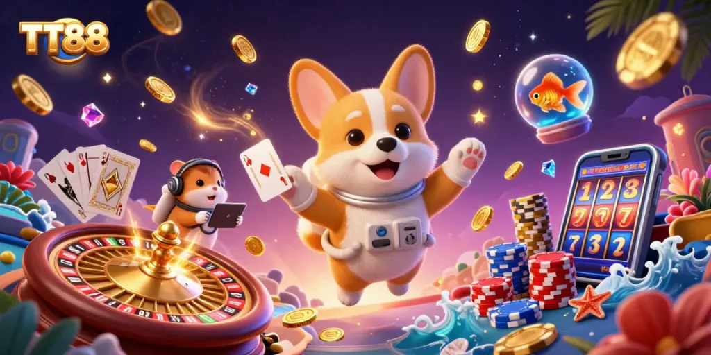 Engage with TT88's vibrant casino scene featuring an astronaut corgi and a mission-control hamster in a space station.