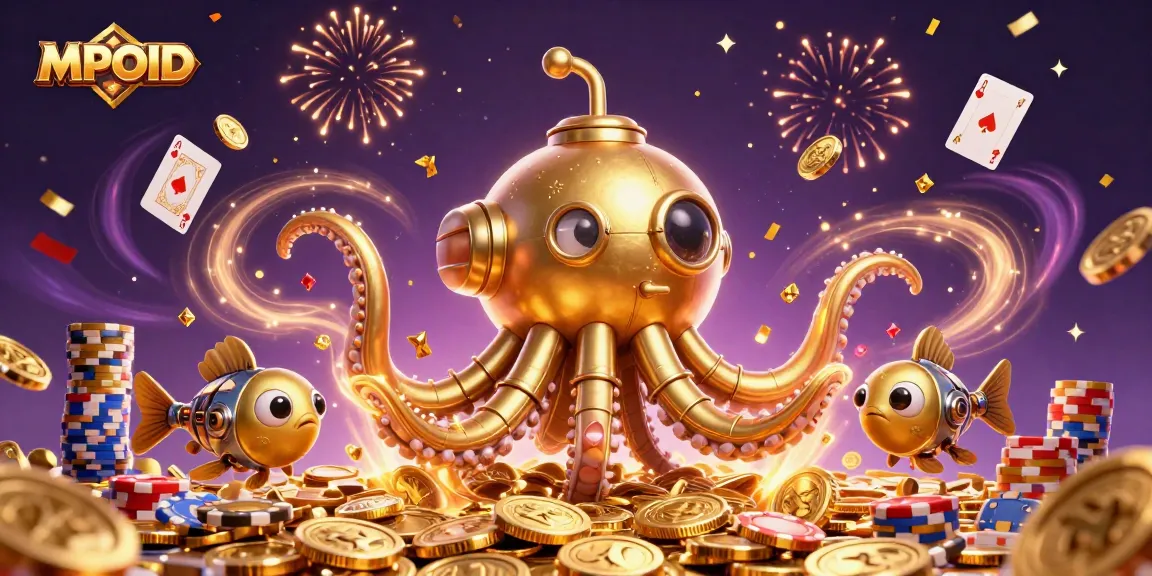 MPOID showcases a golden kraken submarine amidst vibrant casino elements, enhancing player excitement.