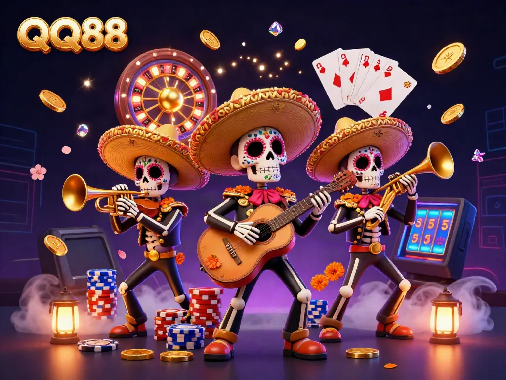 Experience the vibrant world of QQ88 with illuminated 3D Day of the Dead mariachi skeletons, cascading coins, and dynamic game elements.