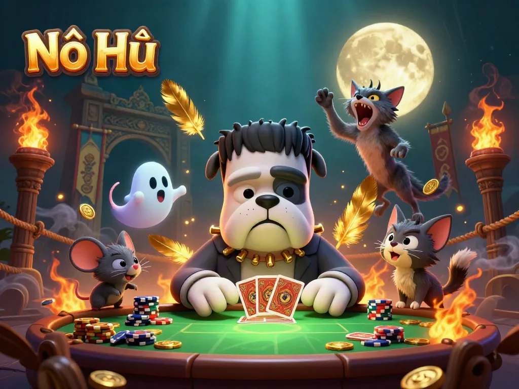 Nổ Hũ showcases a vivid casino illustration with a bulldog dealing cards, surrounded by gold and playful elements.