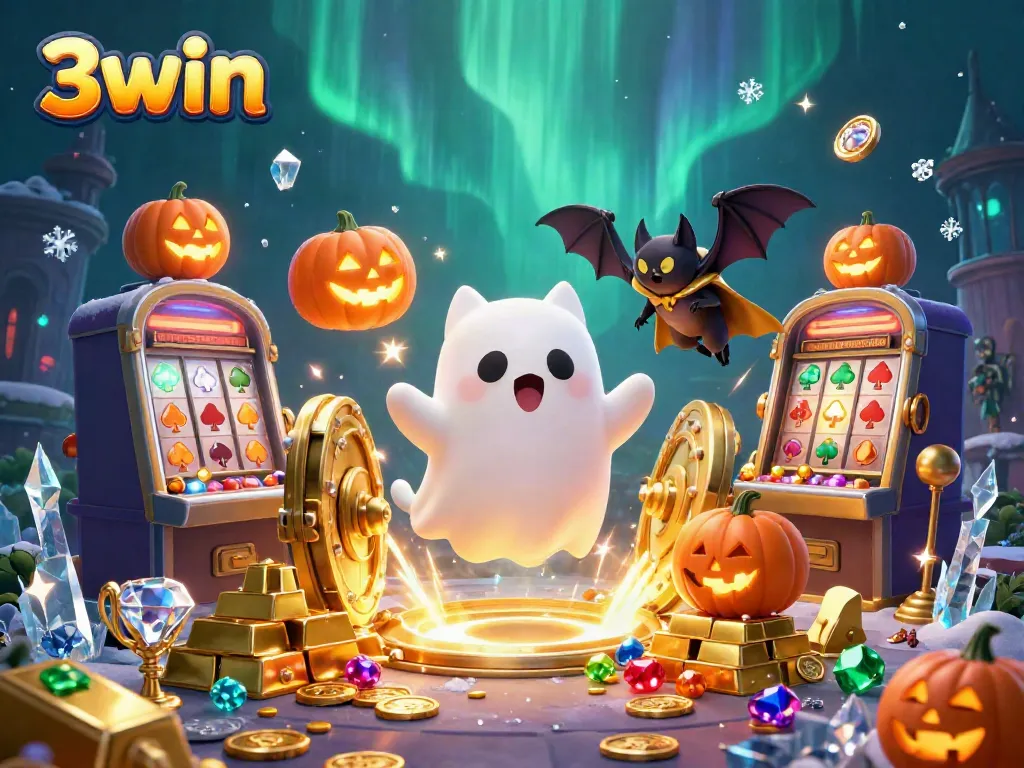 Engage in immersive 3win gaming with ghost cat and vampire bat in a spooky casino adventure.