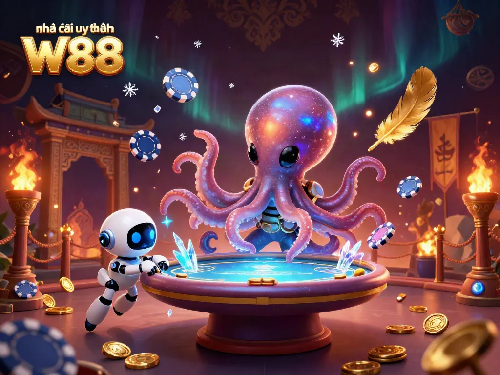 Engaging scene of Nhà cái uy tín W88 with a cartoon octopus at a holographic poker table, surrounded by vibrant casino elements.