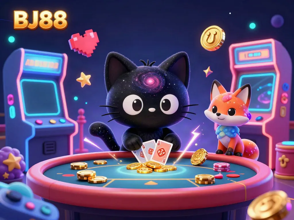 Engage with BJ88 casino excitement through captivating digital art featuring cosmic characters and game elements.