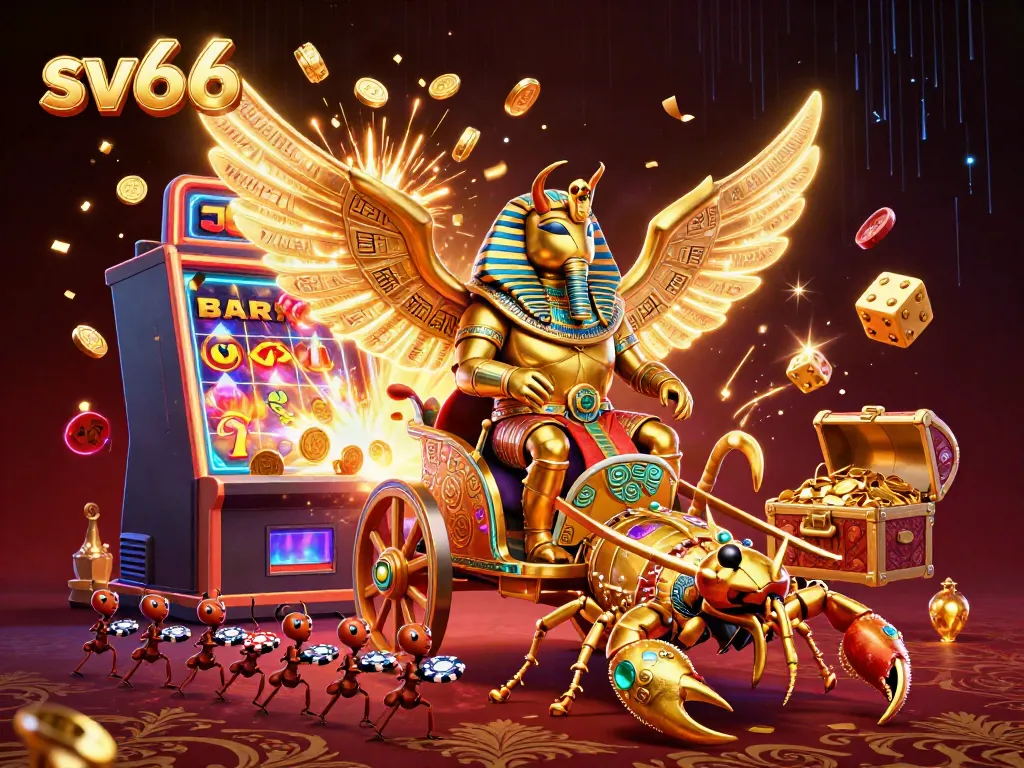 Engage with sv66's vibrant casino adventure featuring a golden scarab beetle amidst jackpot excitement.