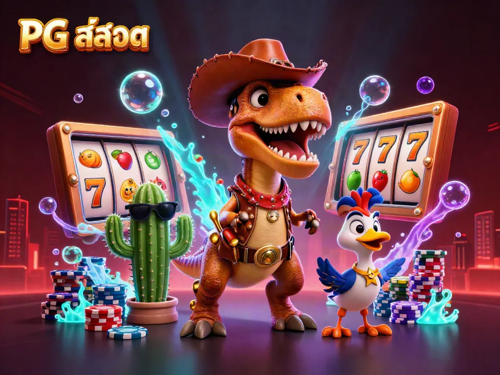 Engage in exciting PG สล็อต action with a vibrant 3D T-Rex cowboy, showcasing thrilling slot elements.