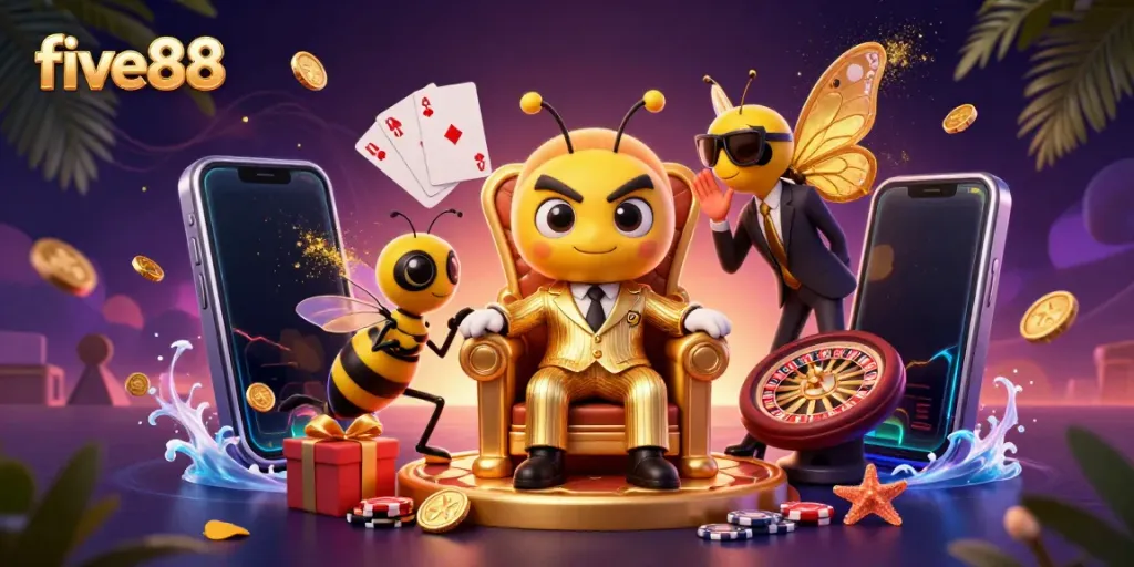Experience the exciting world of five88 with a cartoon bumblebee mob boss in a vibrant casino setting filled with games and treasures.