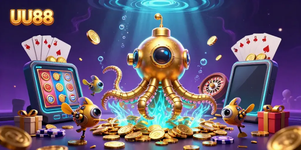 UU88 engages players with a lively underwater casino scene featuring a golden kraken and vibrant game elements.