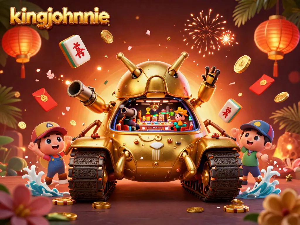 Experience gaming action with kingjohnnie's vibrant 3D casino tank scene, filled with excitement and celebration.