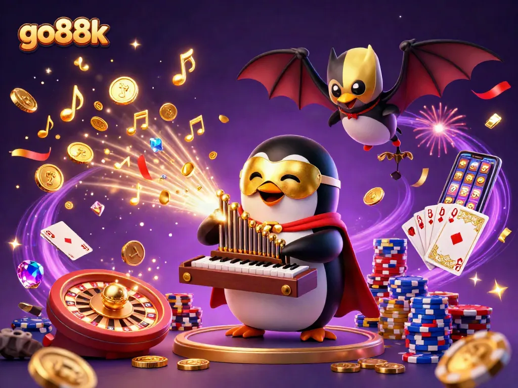 Experience excitement with go88k as the penguin surprises players with golden coins pouring from an organ.