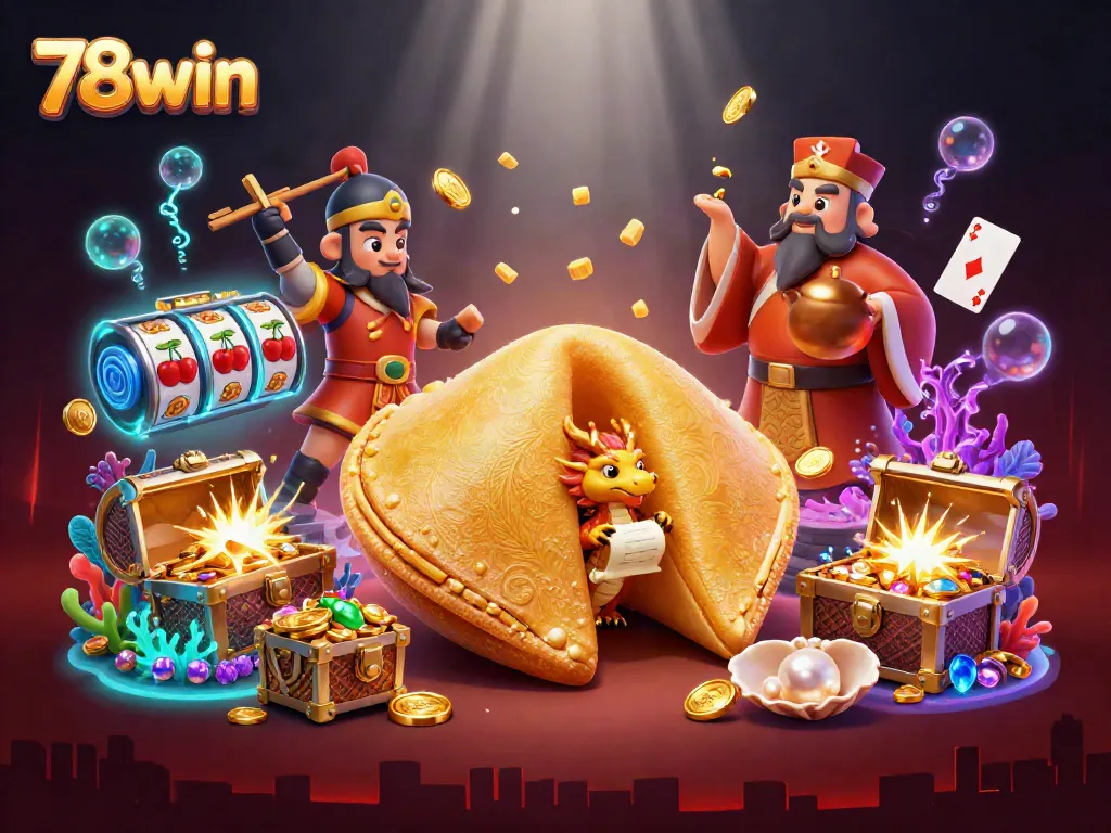 Engage with the excitement of 78win's online casino experience featuring a dynamic golden fortune cookie scene.