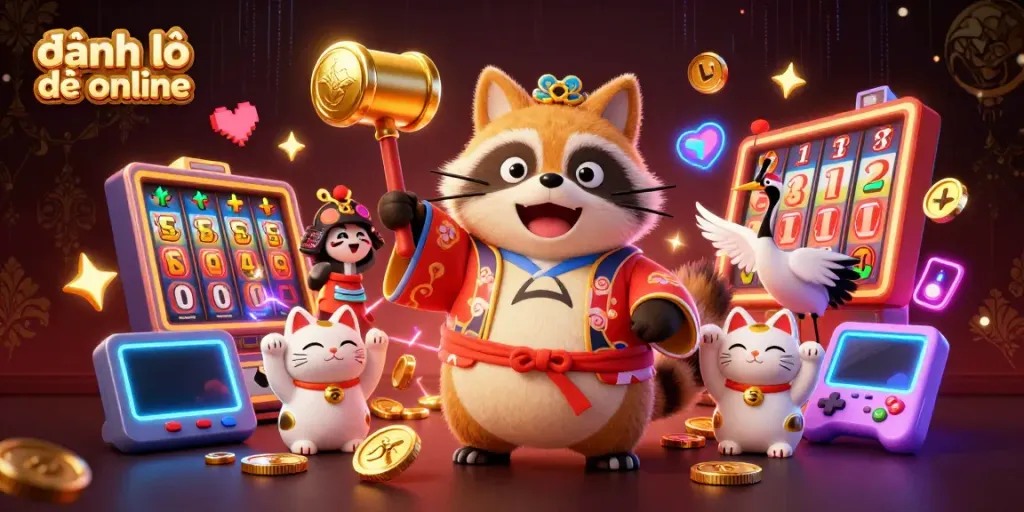 Experience the excitement of đánh lô đề online with a lively 3D illustration featuring a cheerful tanuki and festive gaming elements.