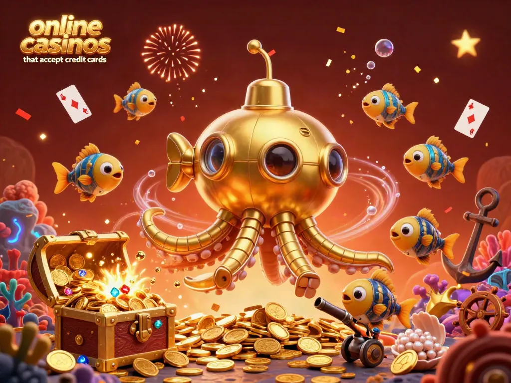 Engage with exciting online casinos that accept credit cards, showcasing an adventurous kraken submarine amidst coins