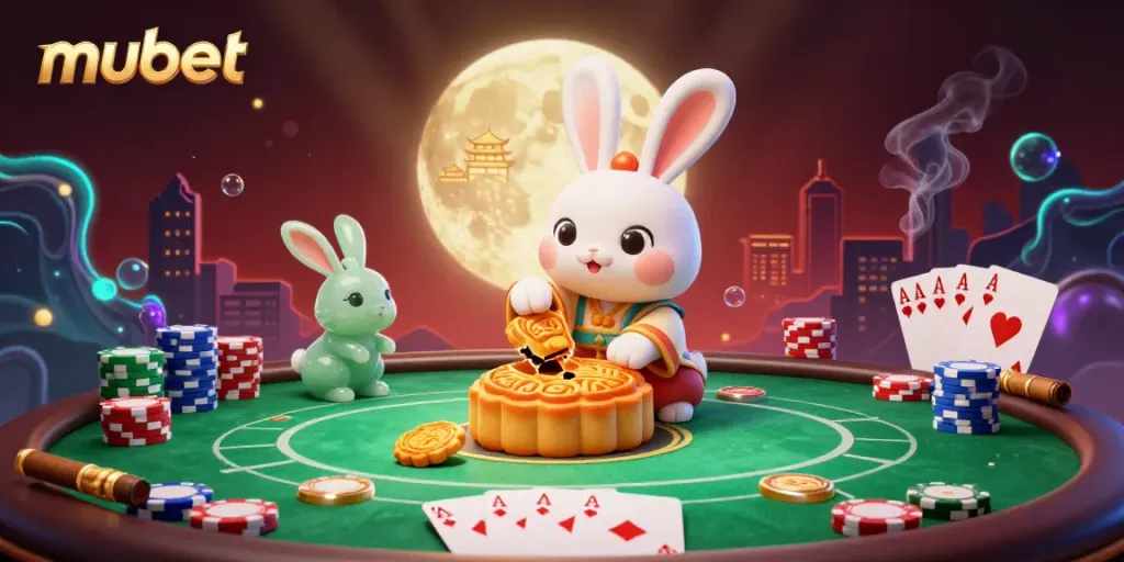 Experience the excitement of mubet with a vibrant moon-themed casino illustration featuring poker elements.