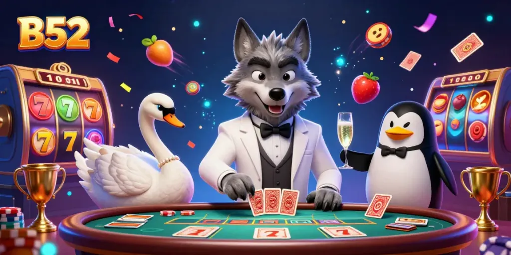 Engage in thrilling baccarat gameplay with the B52-themed scene featuring lively characters and casino elements.