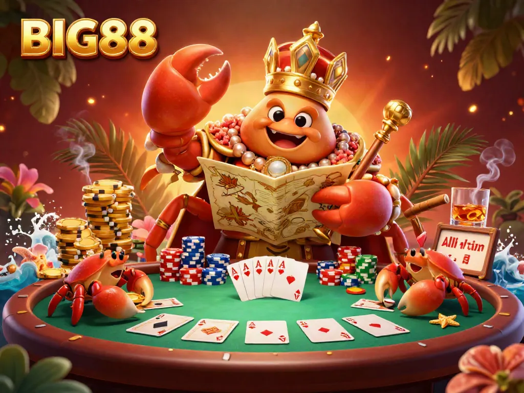 Experience thrilling gameplay at BIG88 with a golden crab emperor leading a vibrant poker scene filled with treasures.