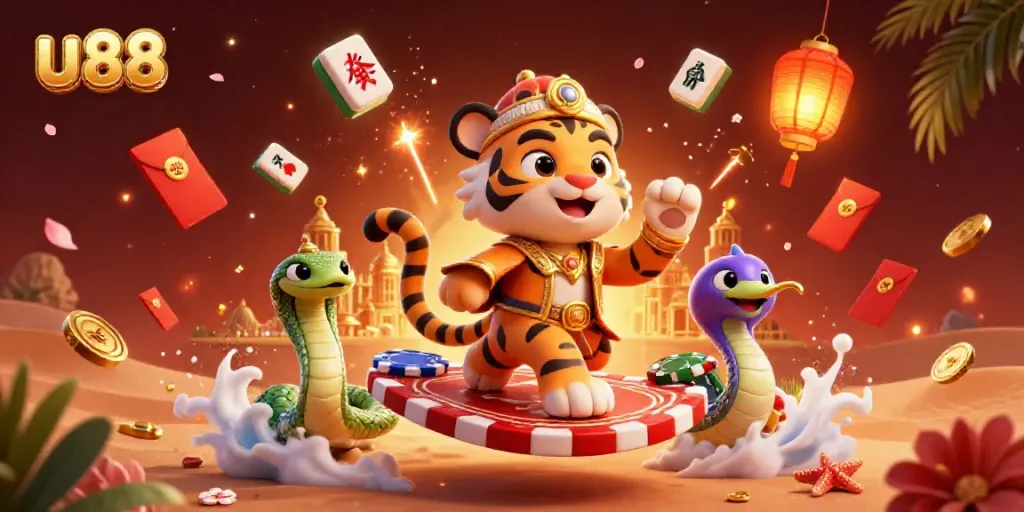 Experience thrilling wins at u 88 with a vibrant casino scene filled with festive elements.