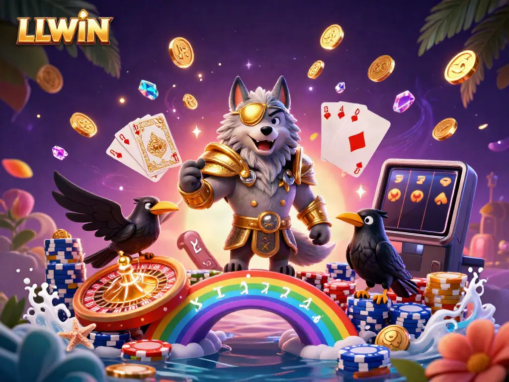 LLWIN showcases a 3D illustration of a Norse wolf and ravens amidst vibrant casino elements in an enchanting scene.