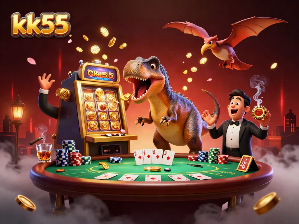 Engaging gaming scene with kk55 characters celebrating a jackpot, surrounded by vibrant casino elements.